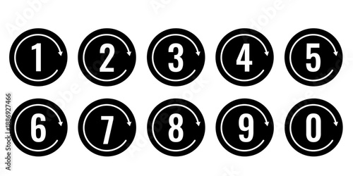 Collection of bullet points, number font icons. Vector set of bullet points numbers 0 to 9. Colored in black. Vector illustration.