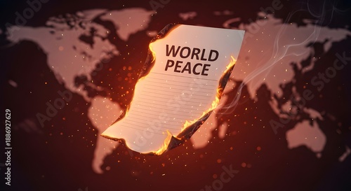 A burning sheet of paper labeled WORLD PEACE floats against a dark red world map background, symbolizing the fragile state of global peace amid conflict and destruction