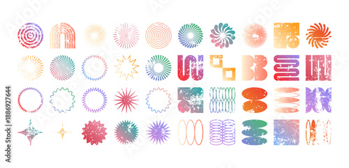 Colorful geometric shapes, modern grunge symbols. Simple primitive elements and forms, distressed details. Retro design, aged, vintage, trendy contemporary minimalist style, y2k. Vector illustration