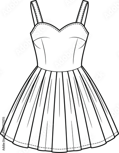 Fashion of a sleeveless A-line dress with a sweetheart neckline and pleated skirt, presented in clean line style