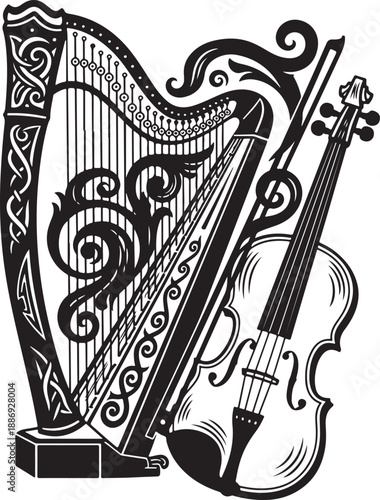 Traditional celtic harp and violin musical instruments Vector