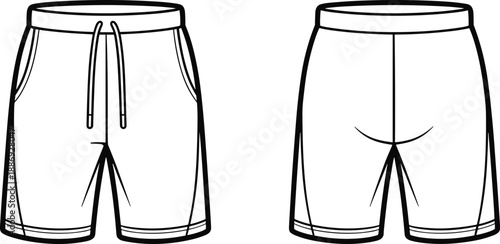 Front and back view of simple black and white line of athletic shorts with drawstring and pockets