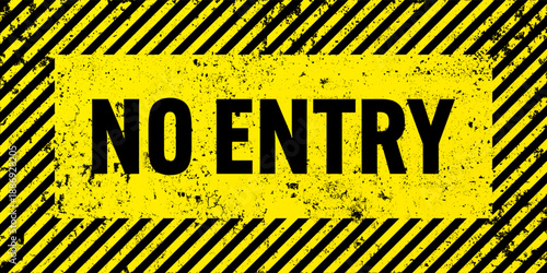 Warning sign with yellow and black diagonal lines. Attention, danger or caution symbol. Construction site signage, road safety notice, hazard banner, security alert shield. Vector illustration