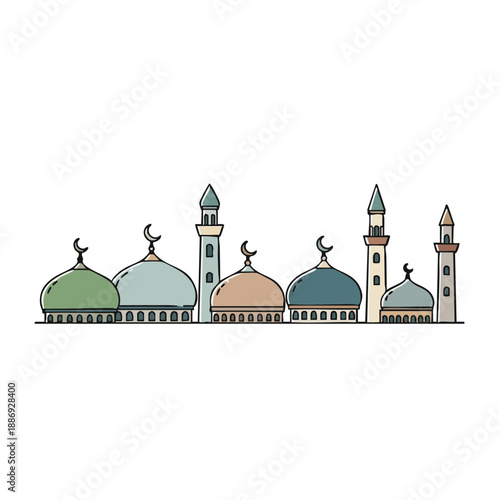 Islamic Mosque Architecture during Ramadhan, Vector Illustration of Dome and Minarets, 123 VR11.eps