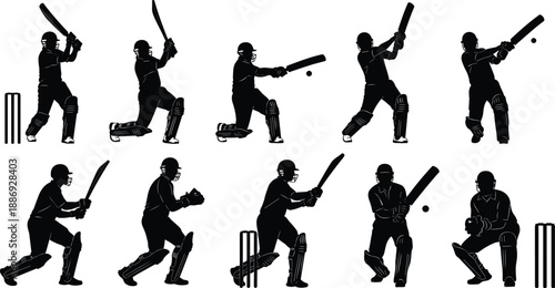 Black and white cricket batsman silhouette set showing batting actions, wicket scenes, and dynamic sports poses for design use
