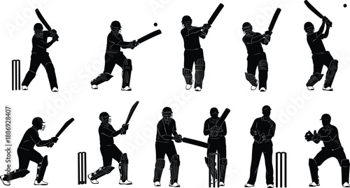 Black and white cricket player silhouette set showing batting, fielding, and wicket actions for sports illustration, training graphics, and design use