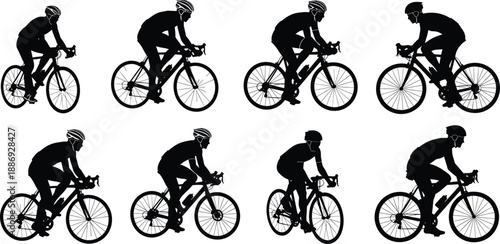Black and white cyclist silhouette set showing road cycling positions and riding poses for bicycle sports design and athletic illustrations