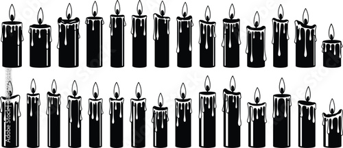 Black and white dripping candle silhouettes set featuring burning wax flames for gothic decoration, ritual design, and spooky illustration backgrounds