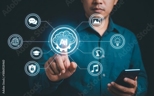 Wallpaper Mural Person interacts with a glowing ai brain icon surrounded by various technology and innovation symbols. Torontodigital.ca