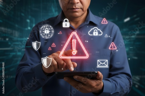 Wallpaper Mural Person interacts with a digital tablet displaying a prominent red warning triangle and various security icons. Torontodigital.ca