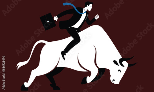 Stylized of a businessman in a suit riding a charging white bull symbolizing financial market success