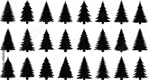Black and white evergreen tree silhouette set featuring pine and fir shapes for forest landscapes, winter scenes, and nature designs