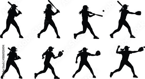 Black and white female baseball player silhouette set showing batting, catching, and throwing actions for women’s sports design projects
