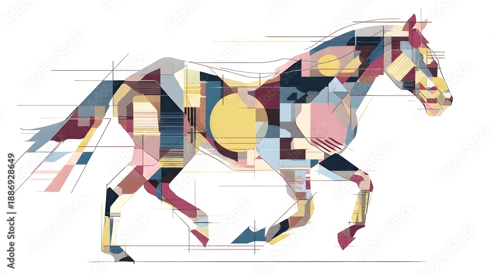 Fototapeta premium Abstract Geometric Horse in Motion with Layered Shapes on White Background