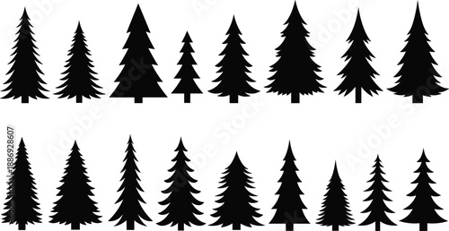 Black and white pine tree silhouette set featuring varied evergreen shapes for forest landscapes, winter scenes, and nature design projects