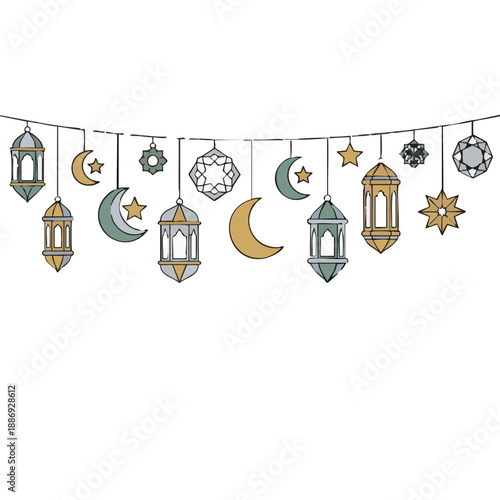 Islamic Ramadhan Lantern Garland with Crescent Moon and Stars Hanging Decorations, 136 VR11.eps