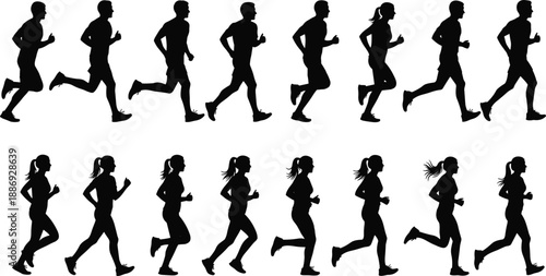 Black and white running people silhouette set featuring male and female joggers in motion for fitness design use