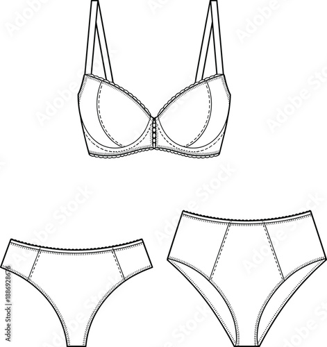 Technical fashion flat of a bra and two styles of underwear presented in black and white line lingerie