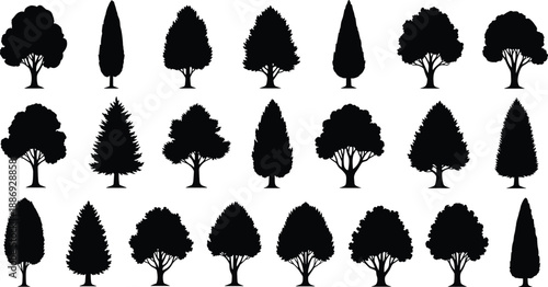 Black and white tree silhouette set featuring various deciduous and conifer shapes for landscape design, forestry illustration, and nature graphics