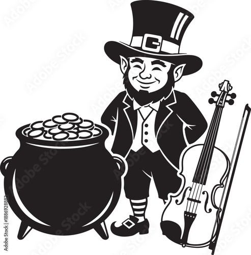 Smiling leprechaun with pot of gold and fiddle vector Vector