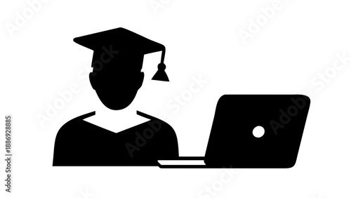Silhouette of a person at a laptop wearing a graduation cap, digital education and remote learning success concept