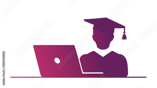 Silhouette of a person at a laptop wearing a graduation cap, digital education and remote learning success concept