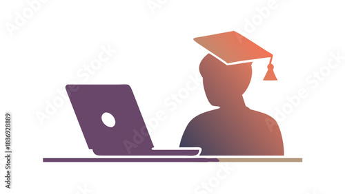 Silhouette of a person at a laptop wearing a graduation cap, digital education and remote learning success concept
