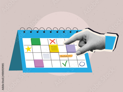 A hand puts mark on a paper calendar. Time management and planning. Modern photo collage style. Vector illustration