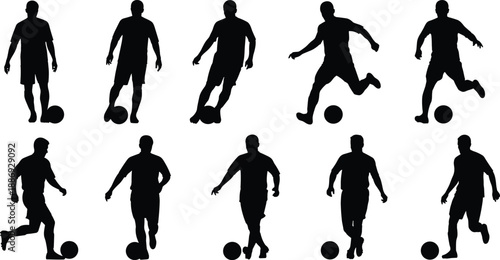 Soccer player silhouette collection showing football dribbling and movement poses, dynamic black athlete figures for sports design and action concepts