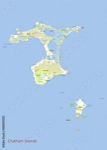 Map of the Chatham Islands, featuring two main islands surrounded by a light blue ocean. The larger island has a distinctive shape with several lakes and inlets