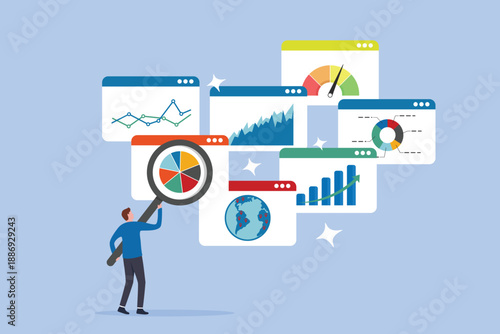 Businessman with magnifying glass analyze research chart and graph, analysis report research result, analyze data, chart and diagram dashboard, financial graph statistics, SEO or optimization concept.