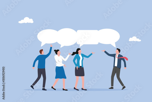 Businessmen and women working team speak with shared their thought speech bubble, team meeting sharing idea to solve problem, teamwork share opinion, discussion and thought in business meeting concept