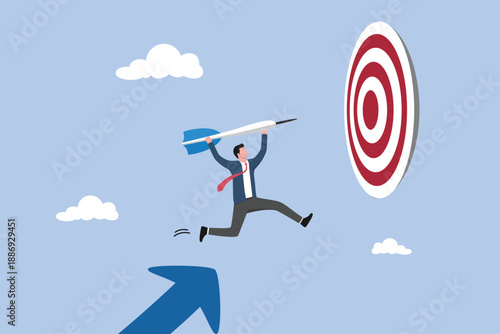 Businessman leader holding dart running from rising graph arrow and jump to bullseye target to win in business strategy, business target achievement or success and reaching for target and goal concept