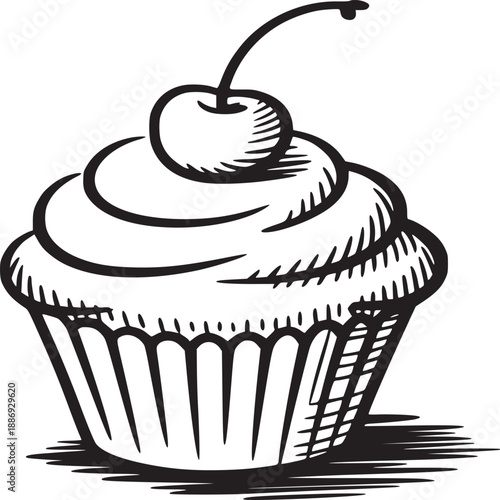 A simple black and white drawing of a cupcake with frosting and a cherry on top in a sketch style