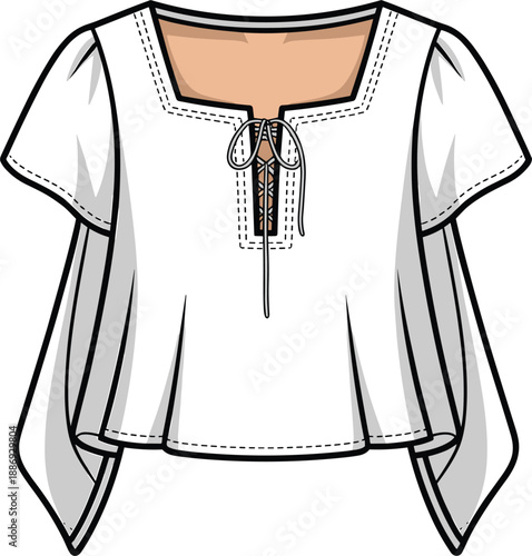 White peasant blouse with short flared sleeves and a lace-up neckline featuring a square collar and decorative stitching