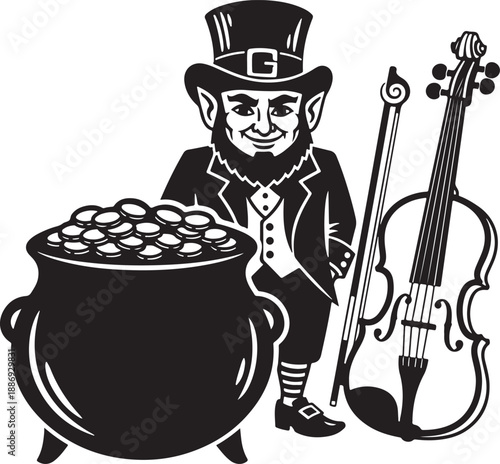 St. patrick's day leprechaun with pot of gold and fiddle Vector