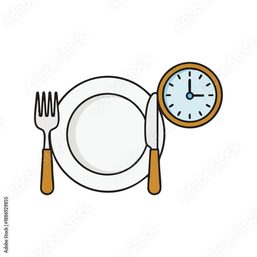 Ramadhan Islamic fasting clock on table with empty plate and cutlery 142 VR11.eps