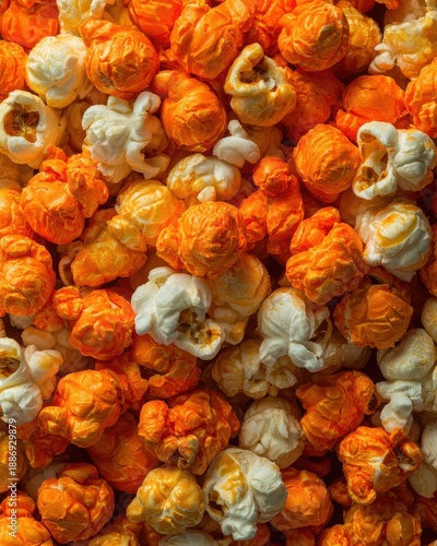 A vibrant close-up of freshly popped popcorn in various shades of orange and white, showcasing texture
