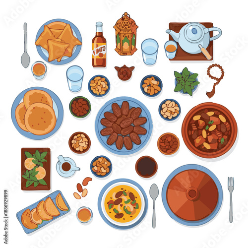 Celebrating Ramadhan with Islamic Traditional Cuisine and Delicacies on a Festive Table Setting 150 VR11.eps