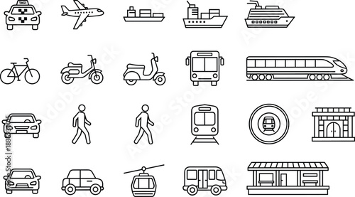 Transport icons, line style, taxi, airplane, ship, cruise, bicycle, scooter, bus, train, pedestrian, car, station, cable car