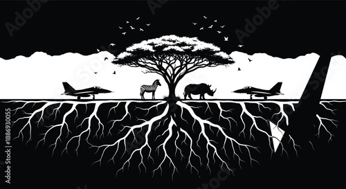 Black and White Silhouette Vector of African Savanna Tree with Zebra Rhino and Military Fighter Jets Symbolizing Nature Conservation vs Industrial War Technology Conflict