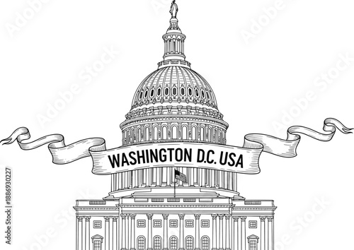 United States Capitol sketch, Washington DC banner, government building art, democracy symbol, political landmark, black and white illustration, historic architecture