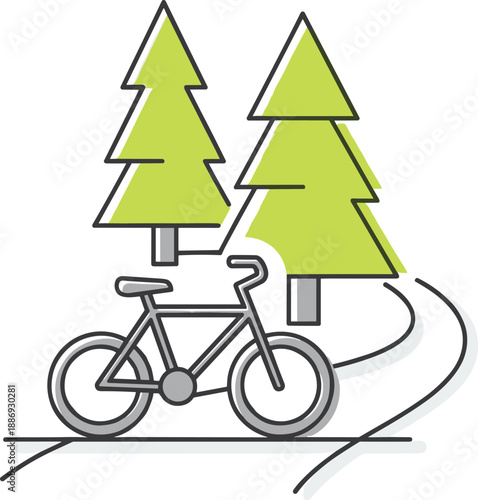 Forest cycling illustration, nature trail bike ride, eco-friendly transport, outdoor adventure, pine tree path, minimal design, green lifestyle art
