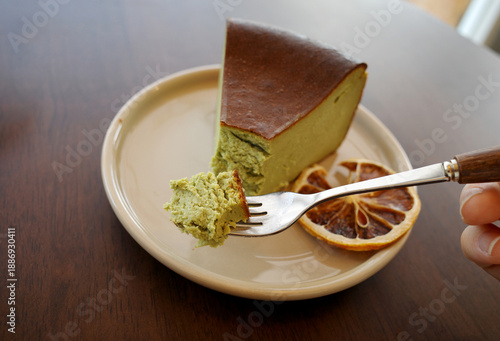 korea cafe plate matcha cheese cake dessert sweet
