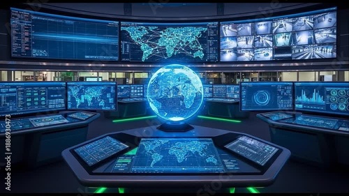 Futuristic Global Security Command Center: World Map Data, Surveillance, and Advanced Technology in a High-Tech Control Room