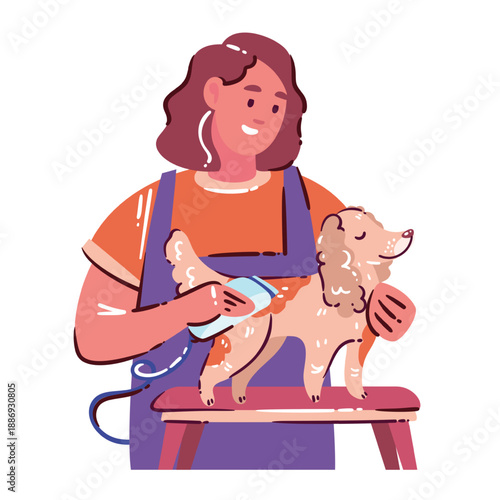 Pet grooming salon scene with groomer brushing dog on table, caring hands, calm pet and professional grooming process. Pet grooming concept in cartoon vector illustration.
