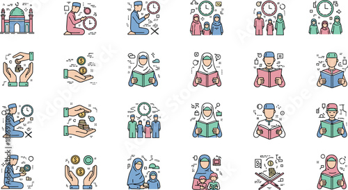 Islamic lifestyle icon set, prayer, charity, family, education, time management, colorful vector grid, cultural values, religious practices