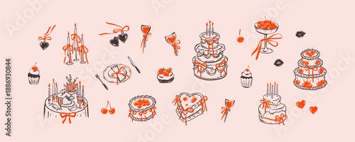 Valentines Day, happy Birthday celebration, bachelorette girly party, wedding dinner design elements. Birthday cherry cake. Hand drawn doodle sketch table with plates, fork, candle. Heart shape locket