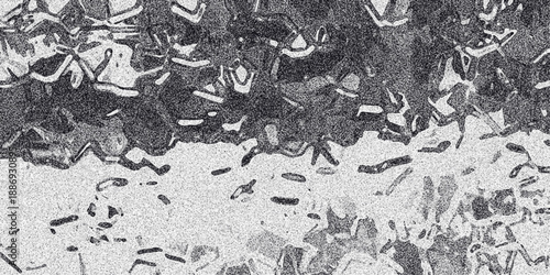 Horizontal abstract monochrome texture with a clear division between a dark, grainy upper section and a lighter, patterned lower section, offering versatile design use