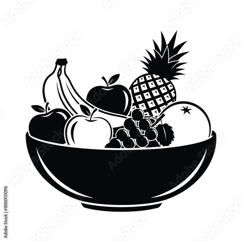 Black silhouette of a bowl filled with various fresh fruits healthy food